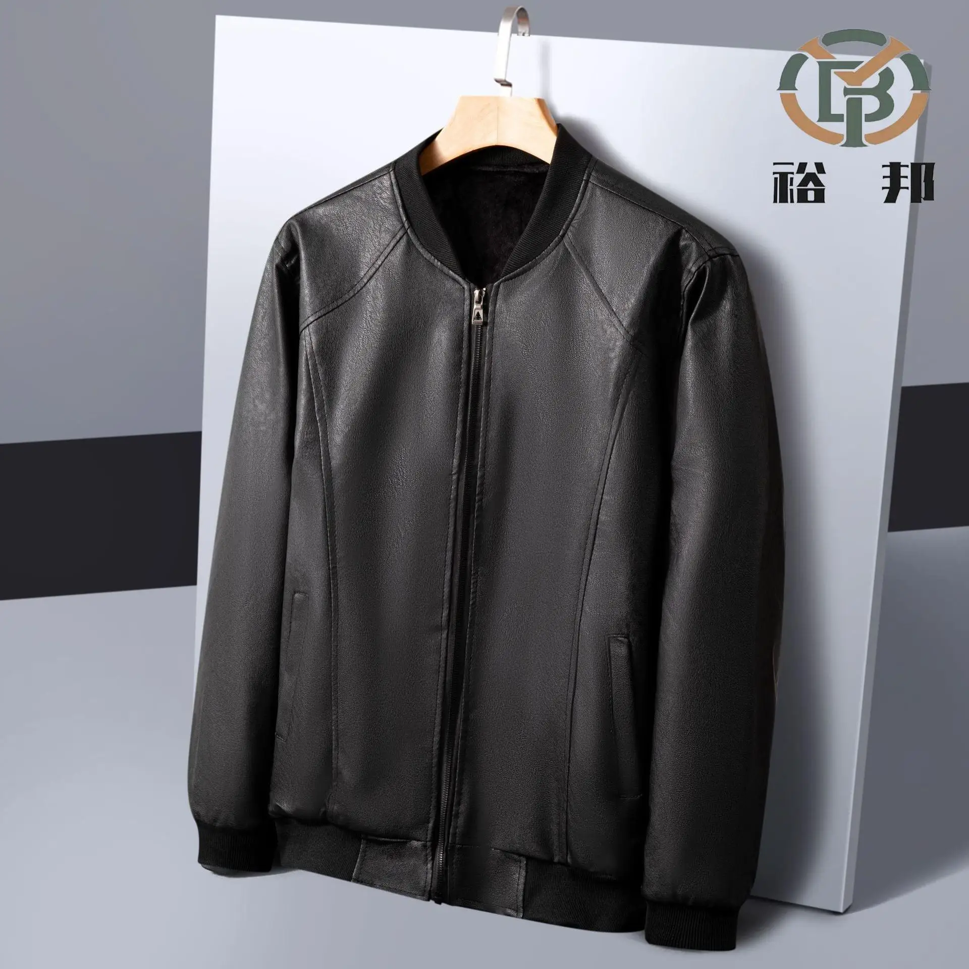 

2024 New Men's Thiened Boyfriend Ribbed Collar PU Leather Jaet Busin Casual Leather Coat 50 Versatile Casual Match