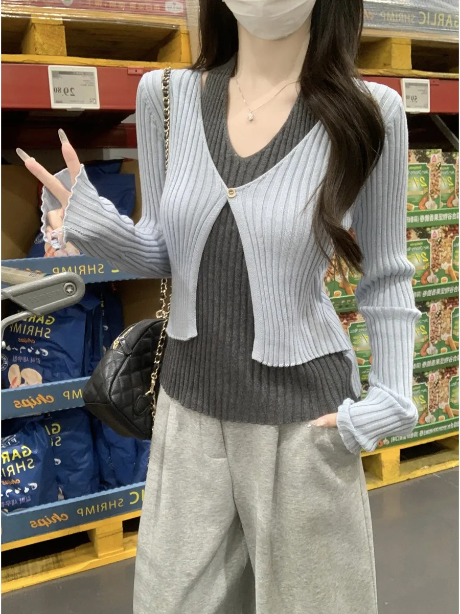韓国 Sle V-Ne ニットセーター レディース インナーウェア Ne ハンギング フェイク ツーピース 痩身 トレンディ 秋冬 新着