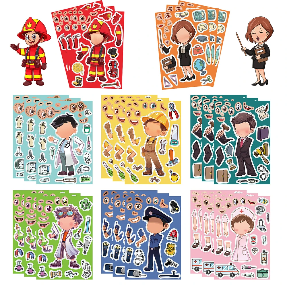 

Children Make a Face Stickers DIY Your Own Nurses Doctors Firefighters Teachers Police Officers Puzzle Sticker Kids Eduction Toy