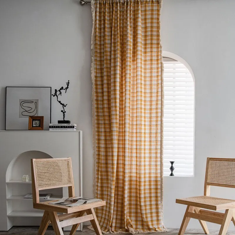 American Style Cotton Linen Plaid Curtains Bedroom Curtains with Tassel Semi-shading Kitchen Valance Drapes for Living Room