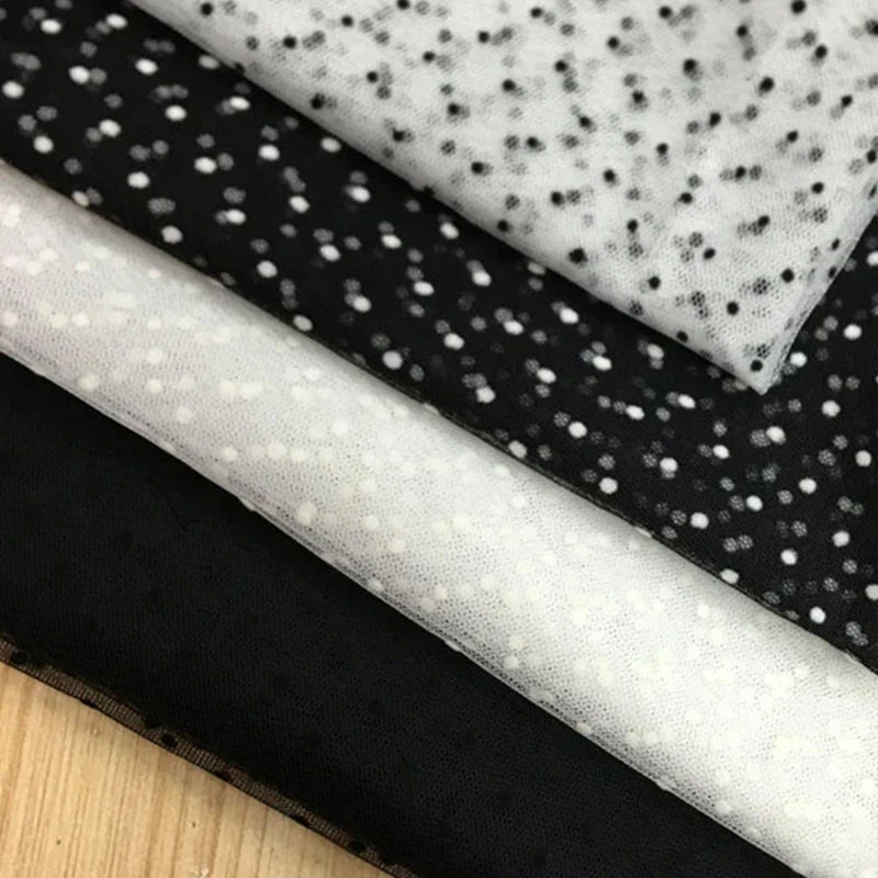 150cm Width Black White Flocked Polka Dot Mesh Tulle Fabric High Quality Bridal Dress Wedding Decoration Girls Net Skirt Fabric