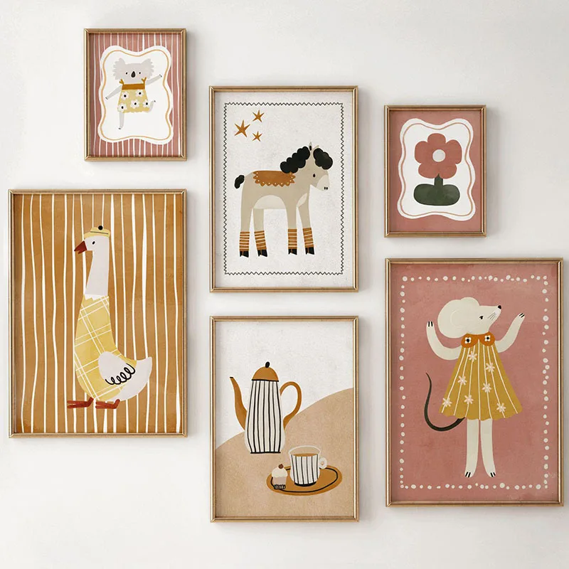 Mouse Goose Horse Koala Coffee Flower Poster Wall Art Canvas Painting Cartoon Posters Prints Pictures Baby Kids Room Decoration