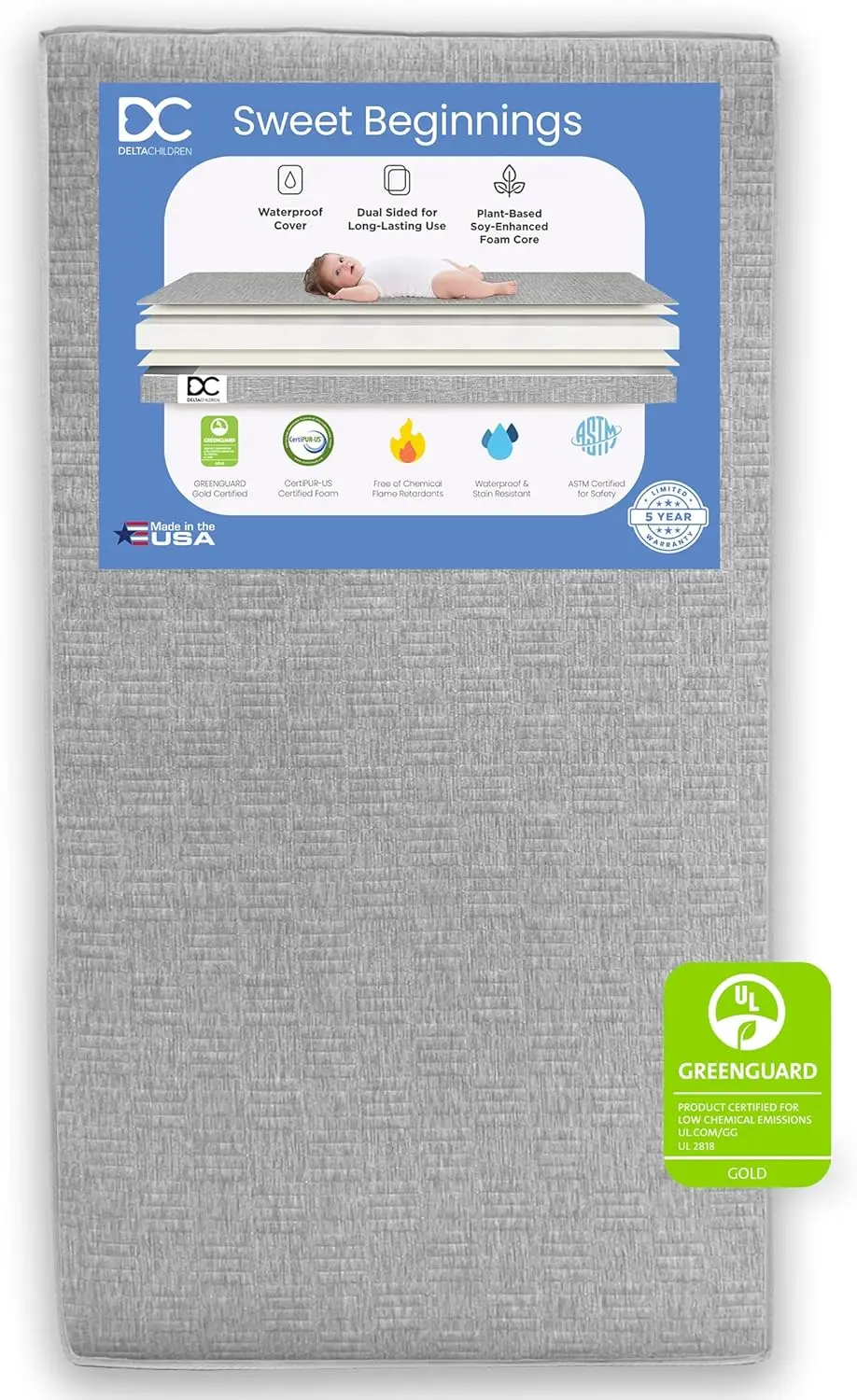 Sweet Beginnings Dual Sided Crib and Toddler Mattress in a Box - GREENGUARD Gold and CertiPUR-US Certified - Plant-Based Soy Foa