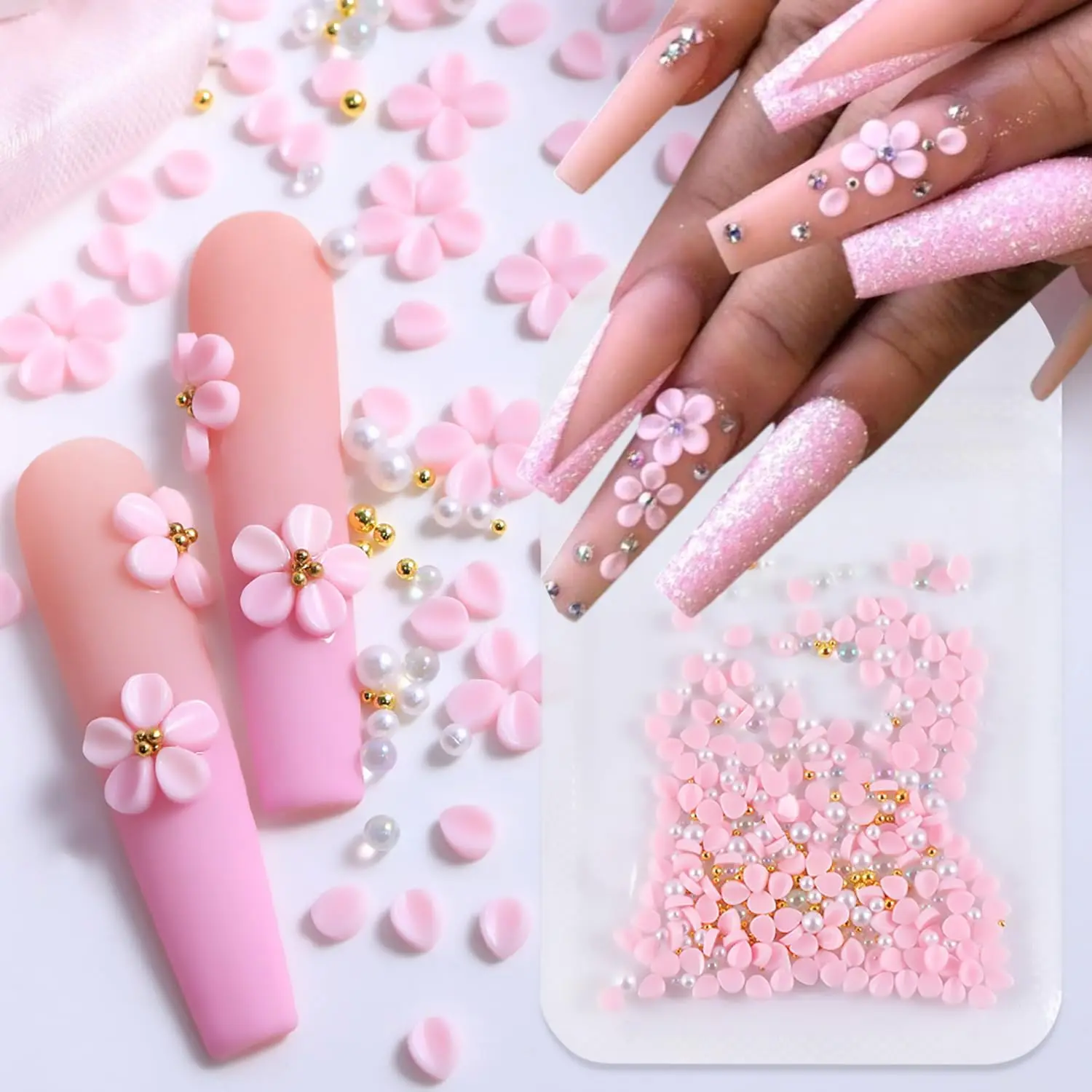 ชาร์มเล็บรูปกลีบมาการองสีขาว/ชมพูแบบ 3 มิติ จำนวน 150-200 ชิ้น พร้อมเหล็กสีทองและมุกสีขาวสำหรับตกแต่งเล็บลายเรซิ่นน่ารัก