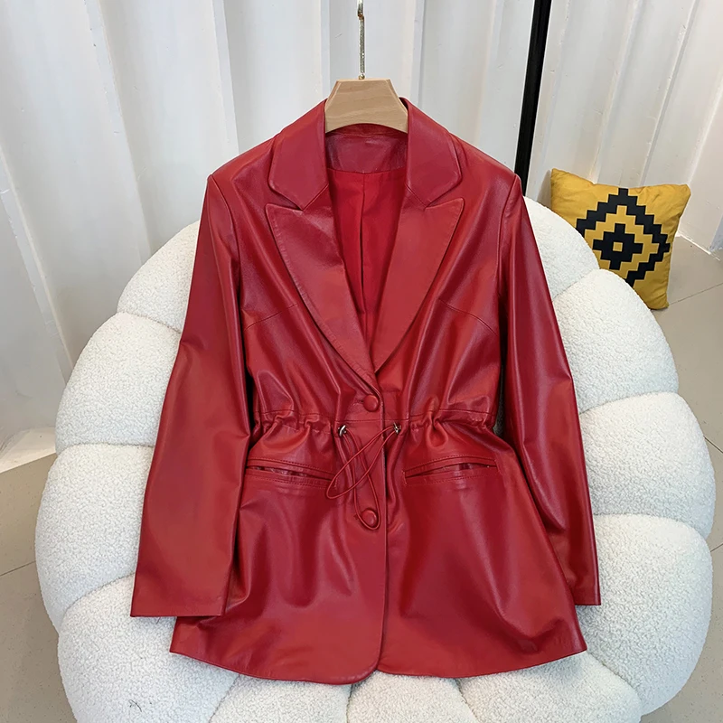 Jaket kulit asli wanita mode baru 2024 blazer tali serut Retro panjang menengah mantel kulit domba asli Abrigo Mujer elegan