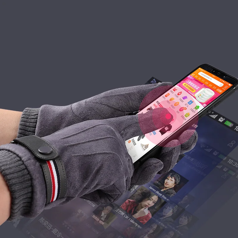 Guantes de invierno para hombre, manoplas de ante para mantener el calor, con pantalla táctil, a prueba de viento, de Cachemira gruesa,
