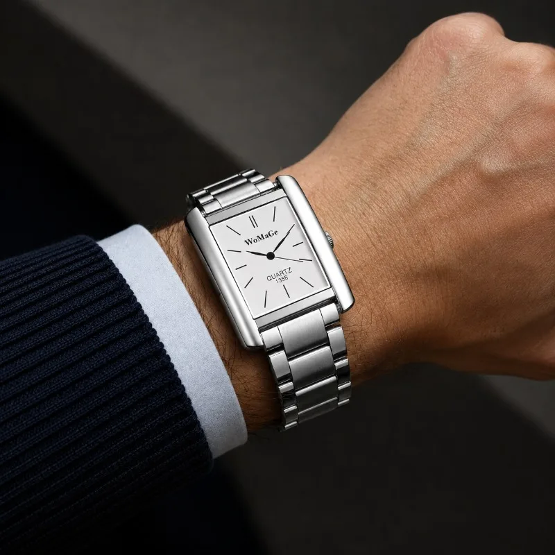 Business Men Watch Fashion Square Dial Stainless Steel Band Analog Quartz Wristwatches for Man Minimalist Dress Male Clock Reloj
