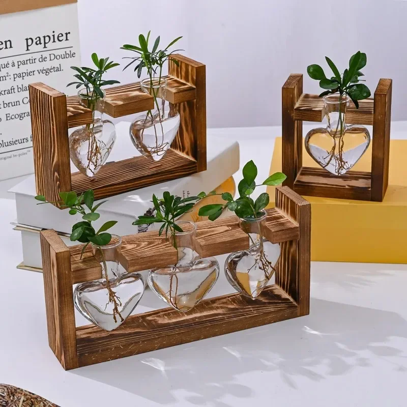 Bonsai  Heart Shape Home Decoration Wedding Vase Wooden Frame Glass Vase Hydroponic Plant Vase Vintage Flower Pot Table Desktop