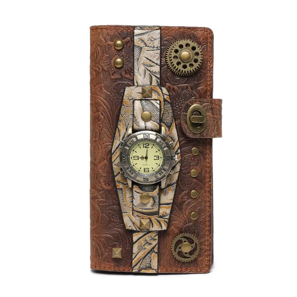 New Steampunk Men's Long Wallet Cow Leather Hand Purse Women's Purse Portfel Cartera Mujer card holder phone bag Watch money bag