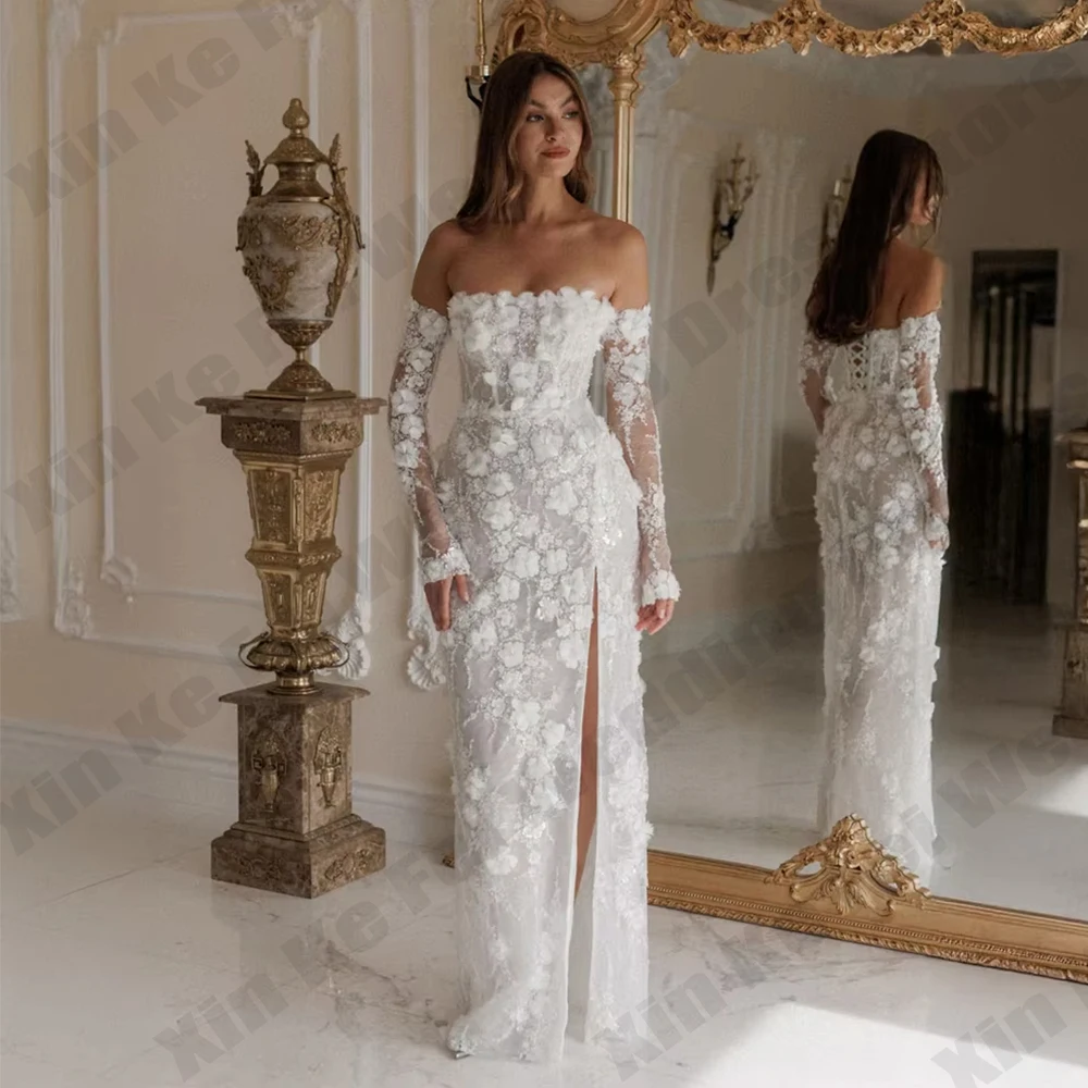 2026 Detachable Long Sleeves Floor Length Slit Wedding Dress Embroidered 3D Flower Lace Delicate Beading Bridal Gown Customized