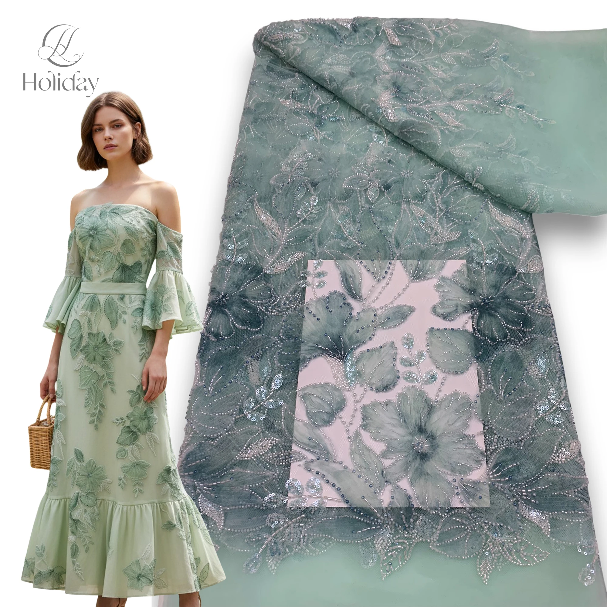 

Luxury 3D Flower Embroidery Lace Fabric, Ribbon Floral Sequins Beaded Tulle Net ,Buy Multiple Pieces Get Full Yardage