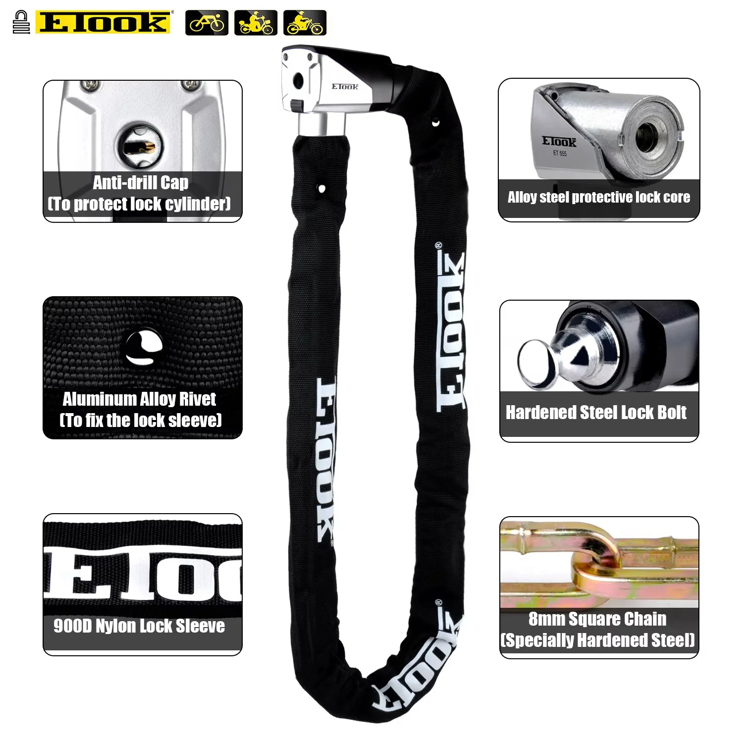 ETOOK Bicycle Lock MTB Road Bike Lock Anti Theft Heavy Duty Safety Anti-Theft Chain Lock for Motorcycle Scooter Bike Accessories