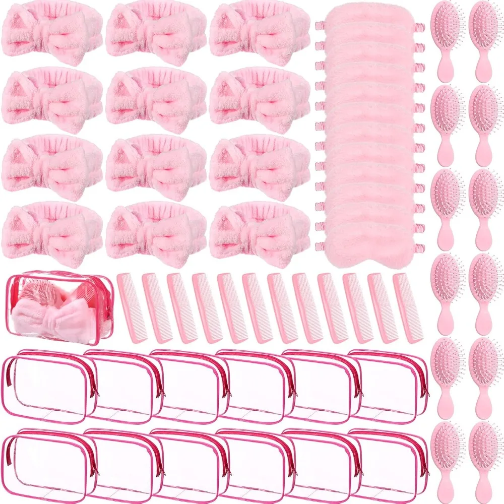 12 Ensembles de Faveurs de Fête Rose pour Soirée Spa - Masque de Nuit en Peluche, Brosse, Peigne, Sacs pour Cadeaux d'Invités de Mariage