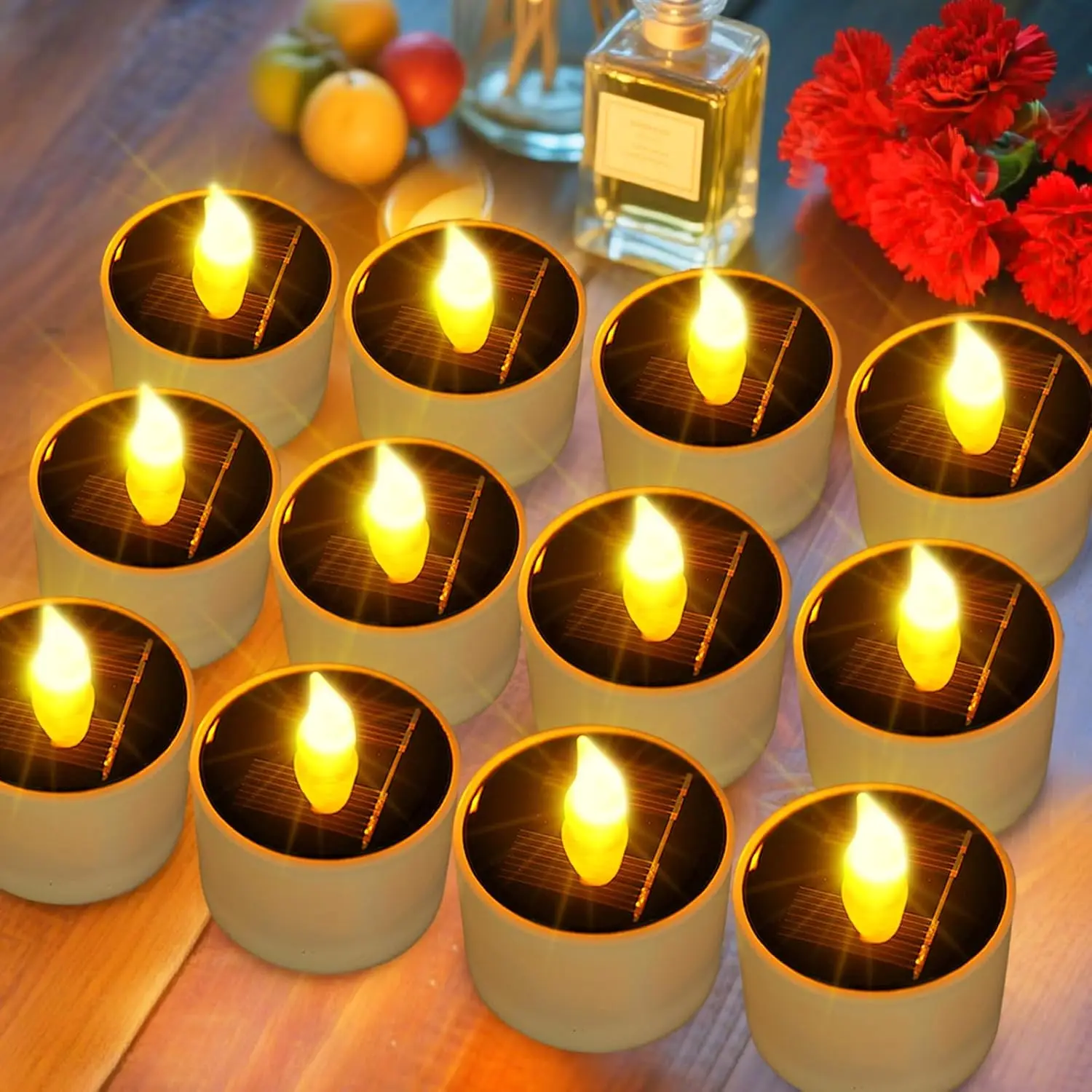

Solar Tea Light Outdoor Waterproof -12 Pieces Set Flameless Flicker Solar Candle Reusable LED Tea Light Candle Yellow