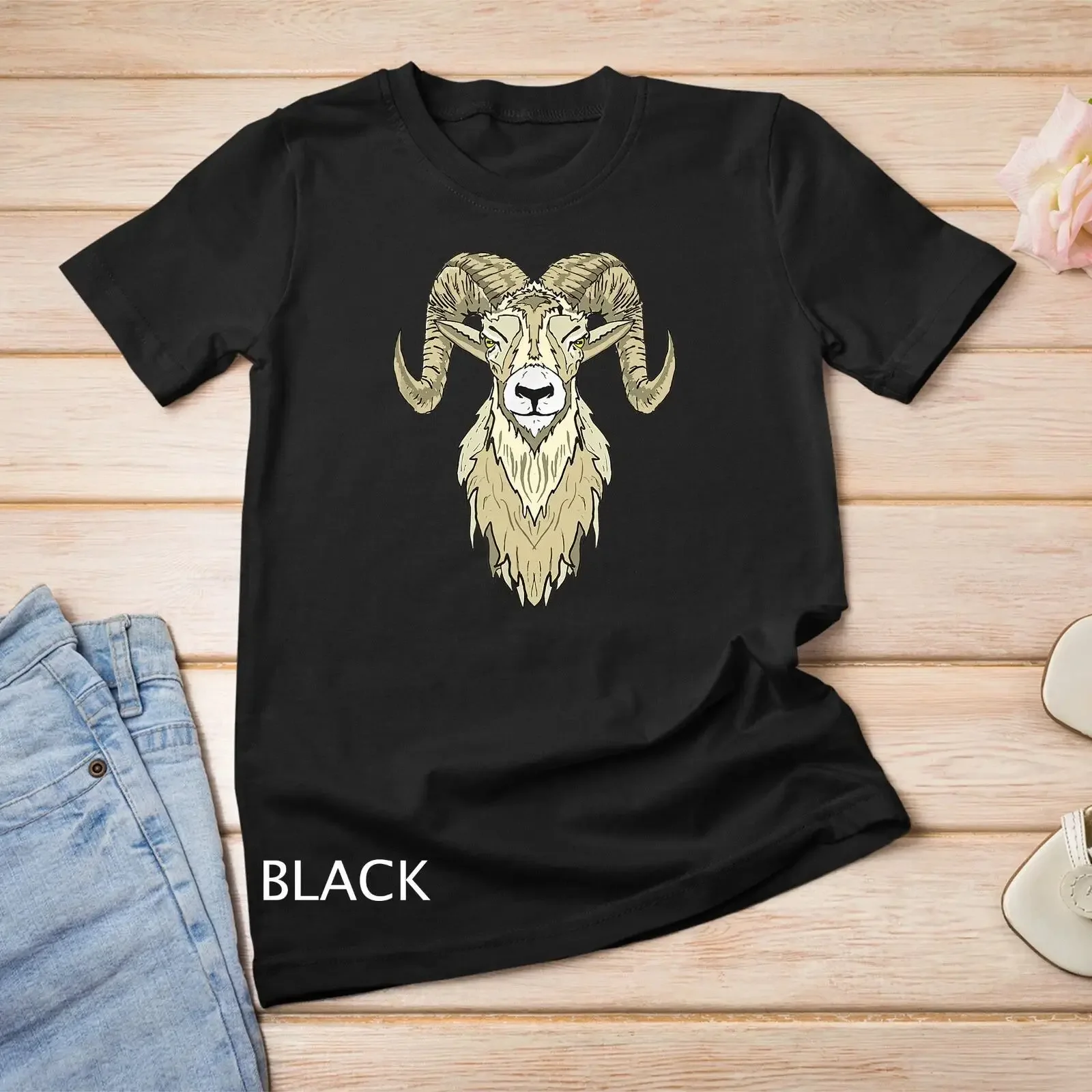 Artistic Big Horn Sheep Head Sketch T Shirt Image 1 of 4 vintage Washed Top For Everyday Wear Slightly Soft Breathable