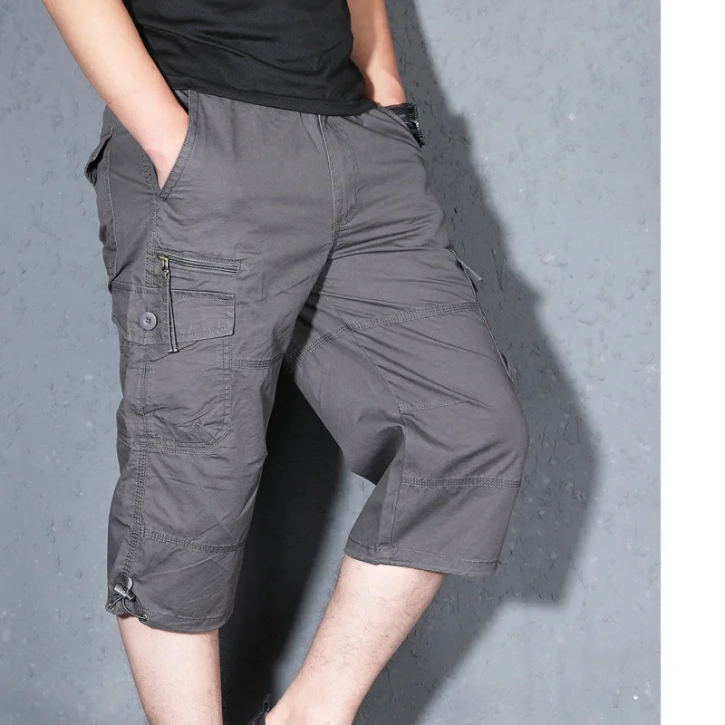 Summer Casual Long Length Cargo Shorts Men Cotton Multi Pocket Baggy Capri Hot Breeches Tactical Military Army Cropped Trousers