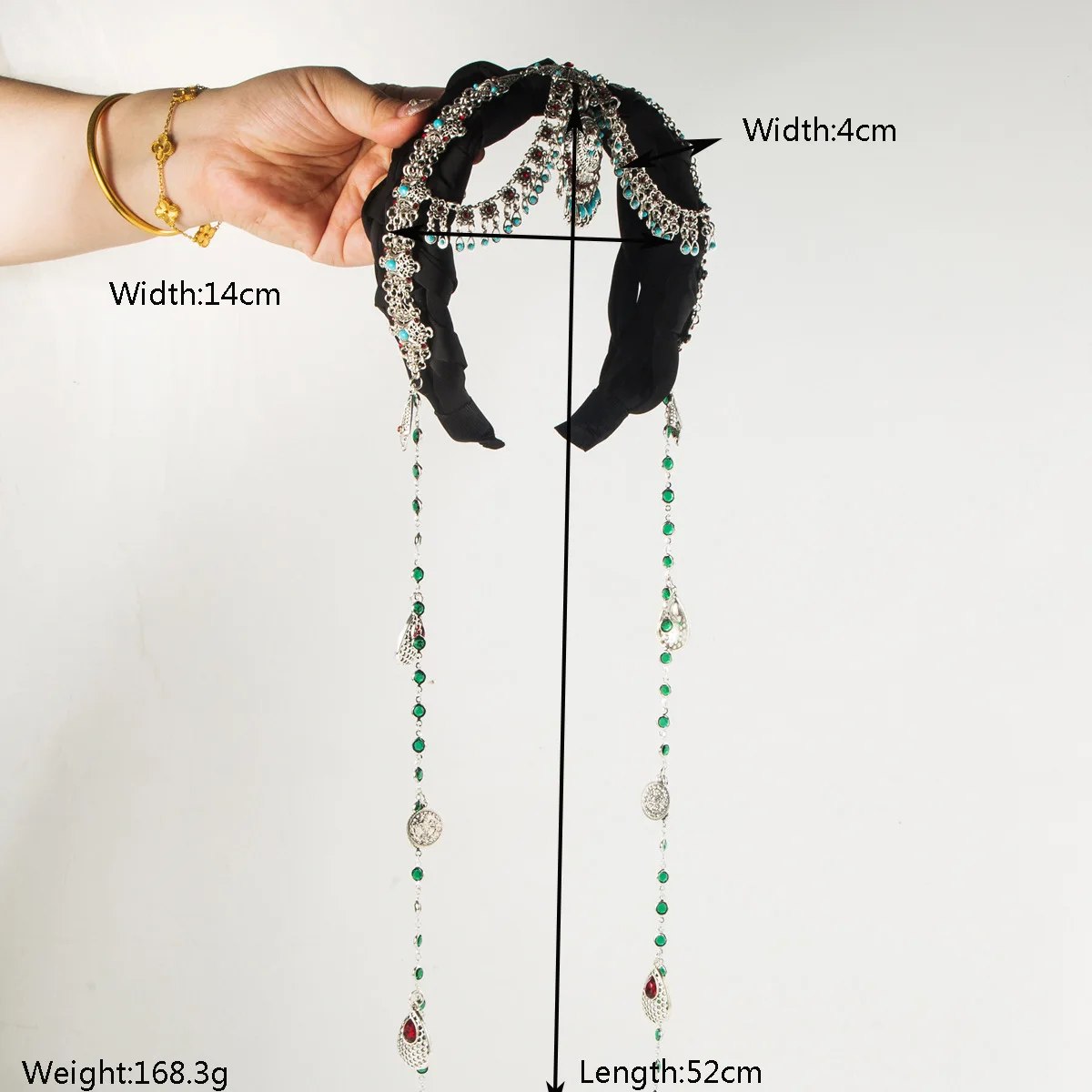 Retro New Ethnic Style Black Fringed Headband Heavy Industry Full of Diamonds Metal Pendant Retro Luxury Ball Hair Accessories