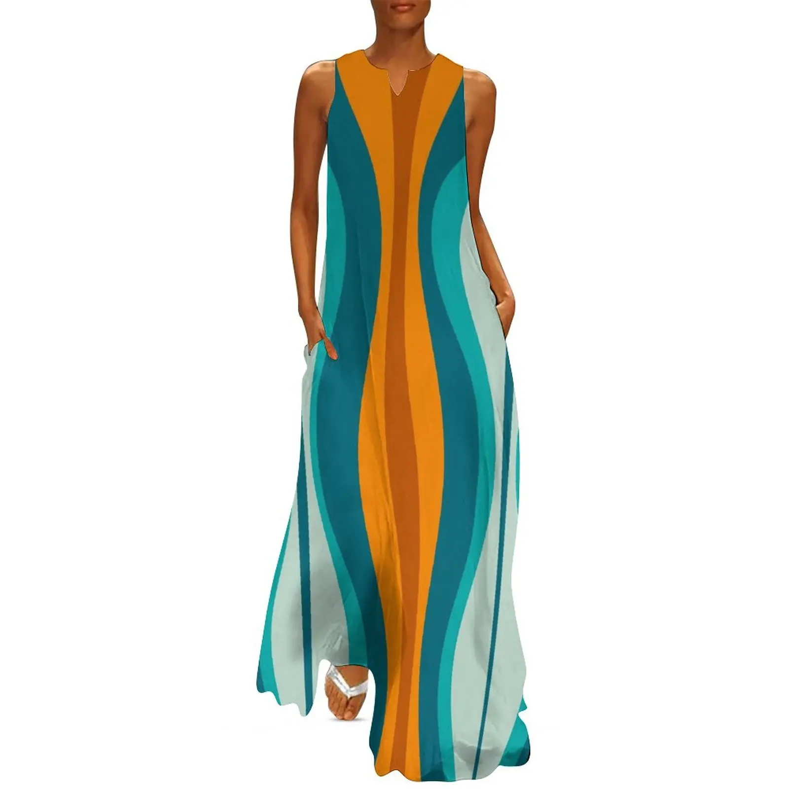 

Hourglass Abstract Midcentury Modern Pattern in Orange, Rust, Aqua, Turquoise, and Teal Long Dress women's summer jumpsuit Dress