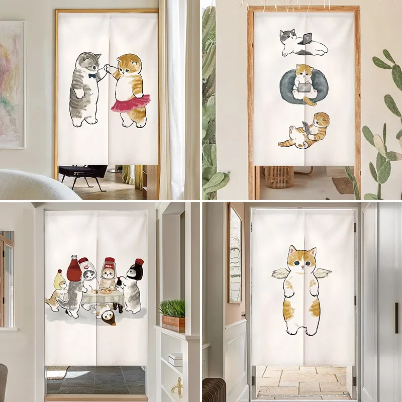 Rideau de porte japonais Noren amusant avec motif de chat, draperie mignonne pour salon, restaurant, séparation de porte, entrée de cuisine, demi-rideaux suspendus