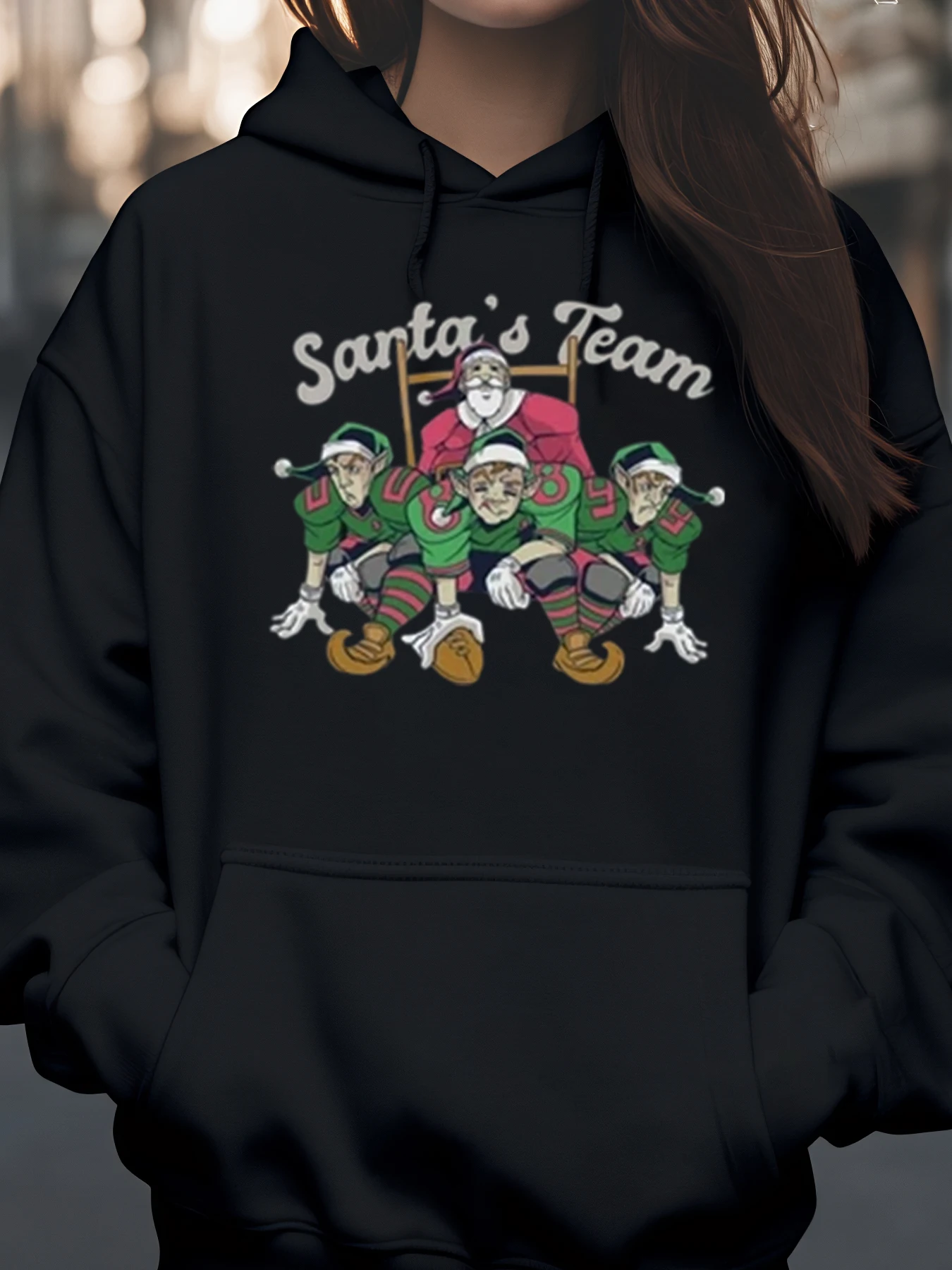 Santa's Team Christmas Elf Print Hoodie Holiday Casual Wear Unisex