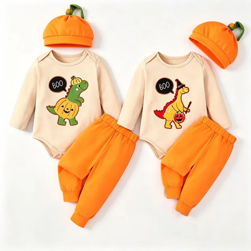 Newborn Infant Toddler Baby Halloween Outfit Set Beige Long Sleeve Bodysuit Orange Pants Pumpkin Hat 3 Piece Costume 0 24M