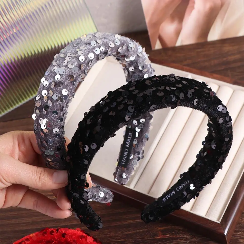 Mode Effen Kleur Pailletten Hoofdband Fluwelen Brede Brede Haarband Plastic Haaraccessoires Spons Haarband Dames