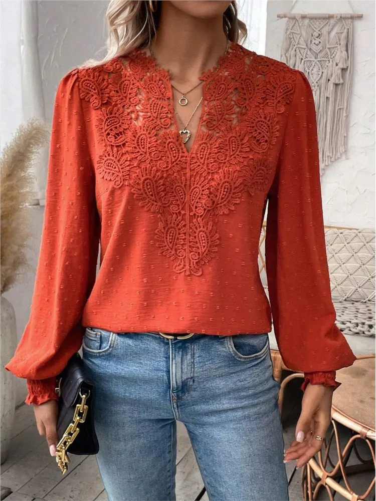 Women Casual Fashion Soild Loose Long Sleeve Blouse New Spring Autumn V Neck Lace Patchwork Vintage Elegant Office Lady Shirts