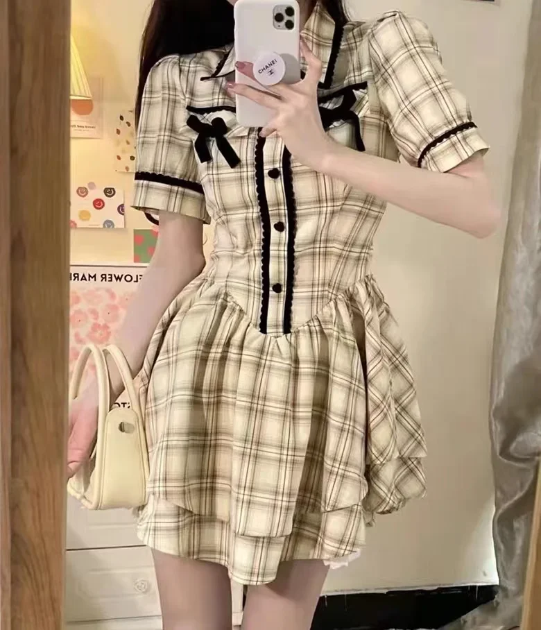 

Summer Woman Dress 2023 Vestidos De Mujer Short Sleeve Tunic Sweet Plaid Robe Femme Korean Fashion Sweet Bow Mini Dresses