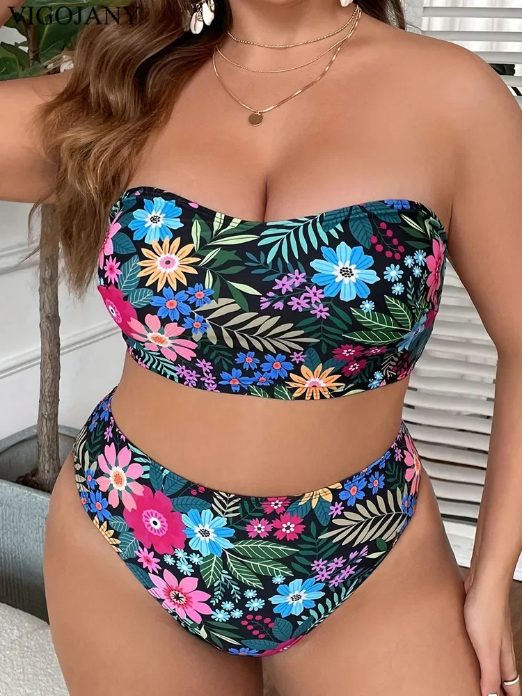 

2025 Print Bandeau 2 Piece Plus Size Bikini Set Women Push Up High Waist Large Big Swimsuit Beach Chubby Bathing Suit