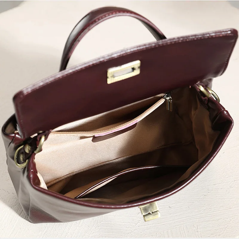 Burgundy Genuine Leather Top Handle Bag Women's Satchel Crossbody Purse with Twist Lock