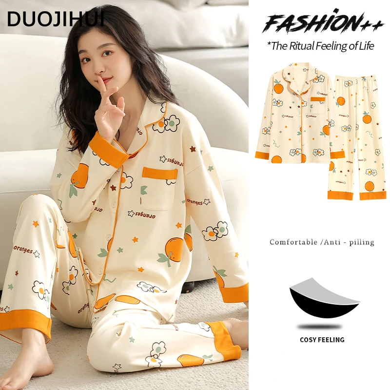 DUOJIHUI Chic Print Spell Color Casual Home Pajamas for Women Basic Button Cardigan Loose Pant with Chest Pad Female Pajamas Set