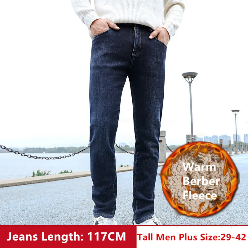 Berber Fleece Warm Tall Men Jeans 117CM Straight Slim Fit High Waisted Winter Plus Size 42 40 38 Denim Black Extra Long Trousers