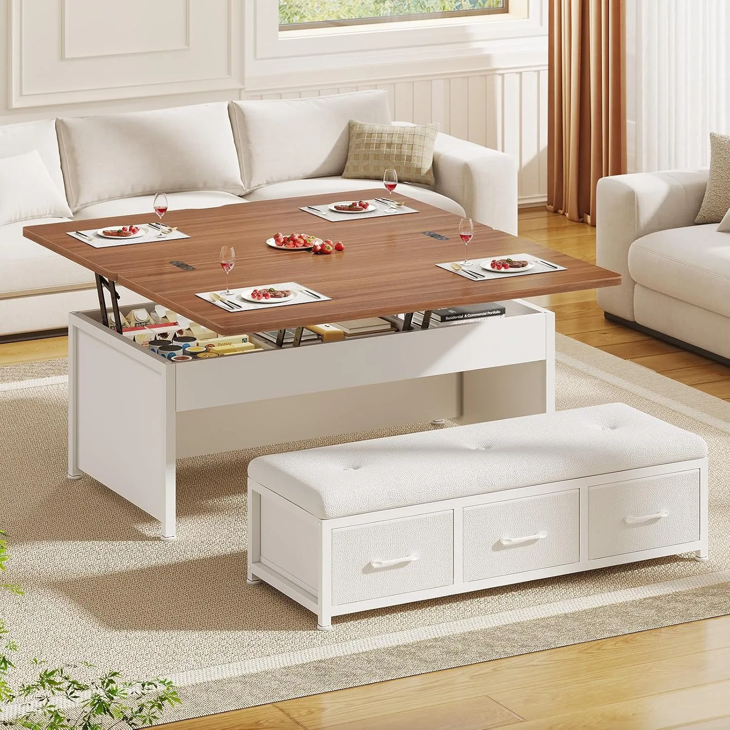 Lift Top Coffee Table Set, 43'' Multi-Function Coffee Table with Storage Drawers and Hidden Compartment, Center Table with Ottoman Bench for Living Room, White