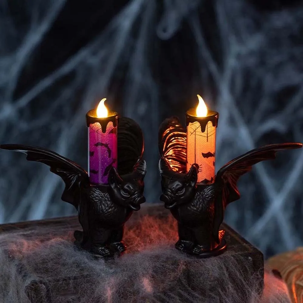 Cell Battery Operated Bat Candle Light Plastic Base Printed Pattern LED Candlestick Warm Flicker Eco Friendly Gothic Lamp