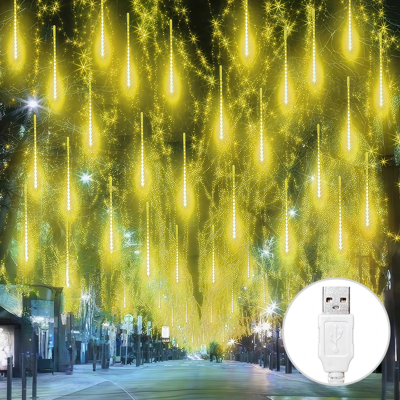 Christmas USB Meteor Shower Lights Warm White Blue Colorful LED String 30CM8Tubes-50CM8Tubes IP54 Waterproof 8 Modes Yard Decor