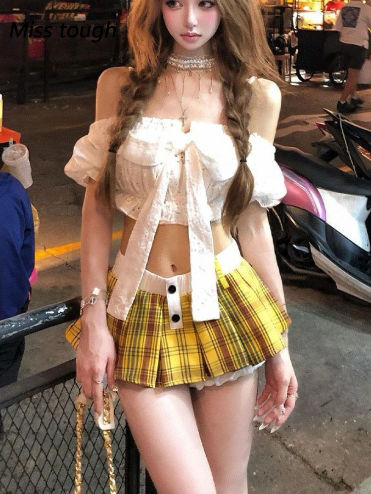 

Women Two Piece Set Summer Sexy Off Shoulder Crop Top Yellow Plaid Pleated Mini Skirt Outfit Clubwear Schoolgirl Style Lookbook