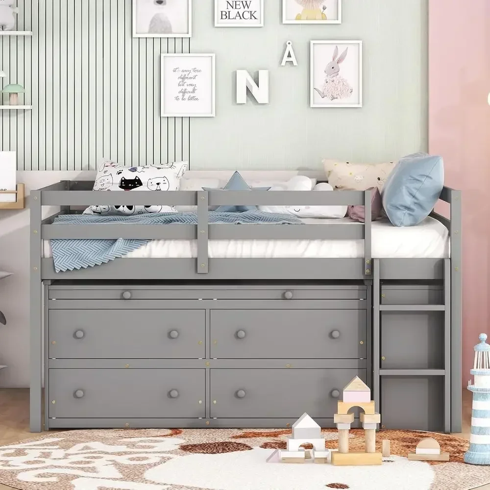 Full Size Wooden Loft Bed with Desk and Drawers, Storage Shelves, Space-Saving, Gray view 3