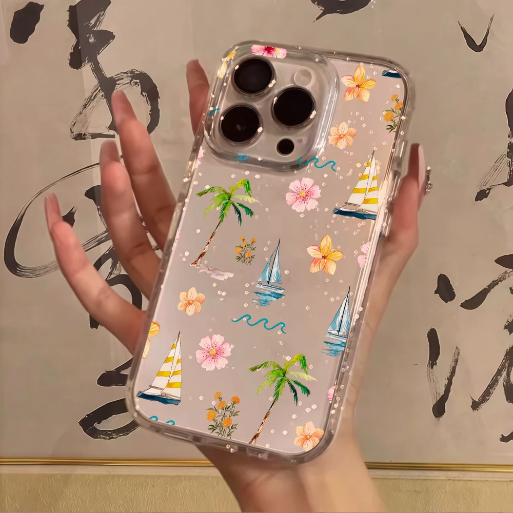 Beach coconut trees Clear Glitter Phone Case For iPhone 17 15 13 16 12 11 14 Pro Max 17 Air XR X 16e Cases Shockproof INS Cover view 5