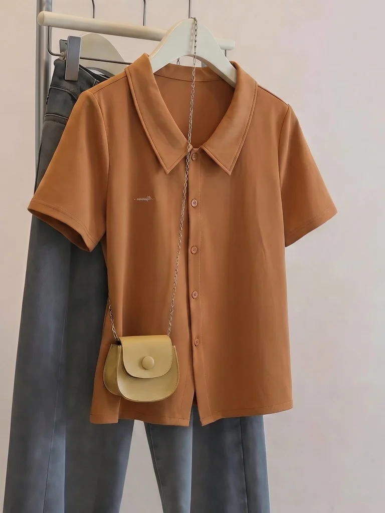 Pumpkin Orange  Neck Short Sleeve T-Shirt Women's Summer New plus Size Slimming Age-Defying Top Korean Style Loose Fit