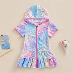 Kids Girls Summer Swimwear Dress Cover Up Short Sleeve Leopard Print Zipper Hooded Dresses Beachwear Holidays Clothes