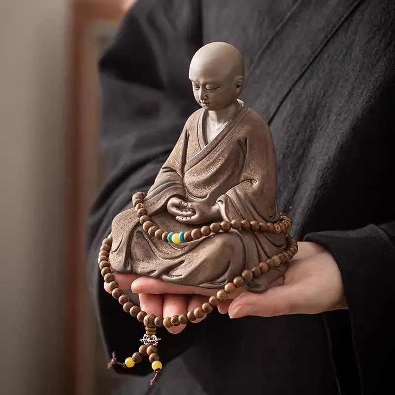 Ceramic Little Monk Sculpture, Purple Sand Art, Desktop Decorative Figure Statue, High-End, Home, Office, Tea Room, Retro Style