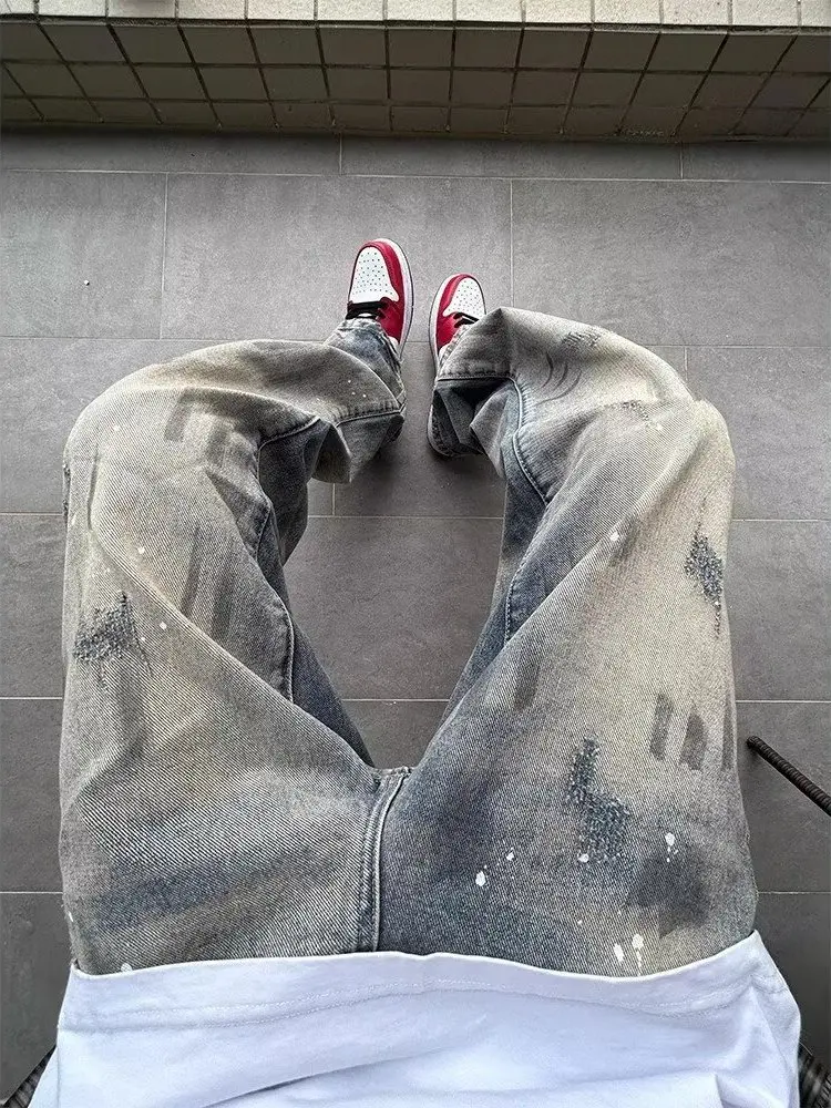 

Мужские летние тонкие джинсы с эффектом тай-дай и брызг краски, в американском стиле, модные, прямого кроя, широкие штанины, Haome Long Pants