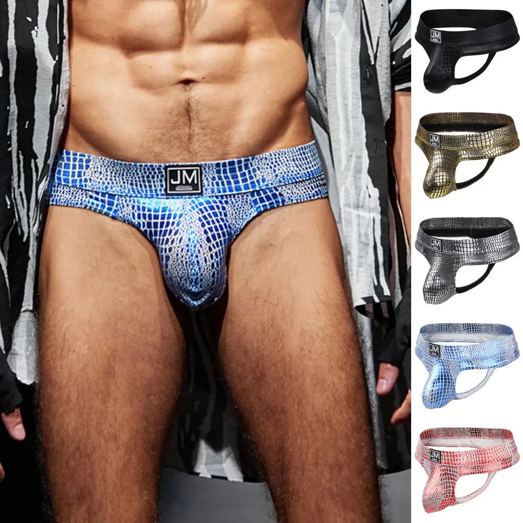 Jockmail Sexy Men Underwear Jockstrap Snakeskin Leathert Hong Men Slip Hombre Cuecas Gay Men Underwear Penis Cockring Hot