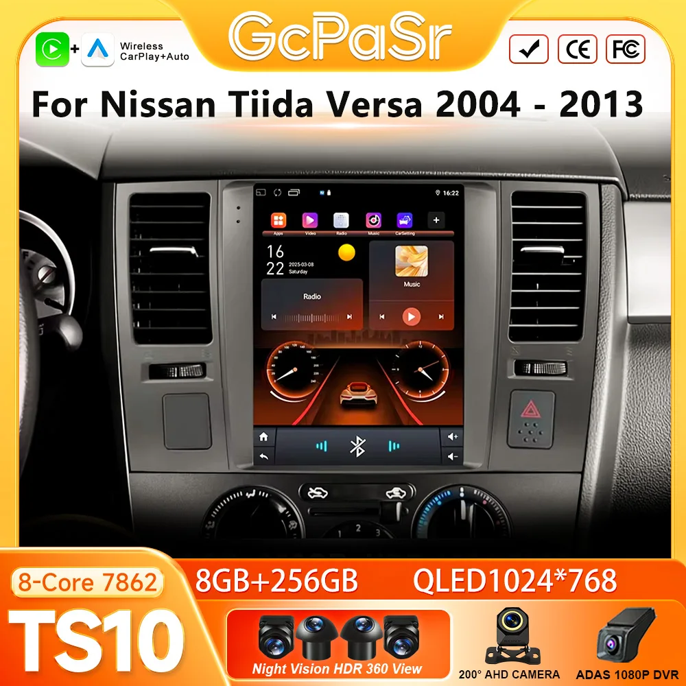 Rádio Automotivo Android 16 para Nissan Tiida Versa 2004 2005 - 2013 com GPS, Navegação, Android Auto, Carplay, Wifi, 4G, Tela de Exibição, Sem 2din