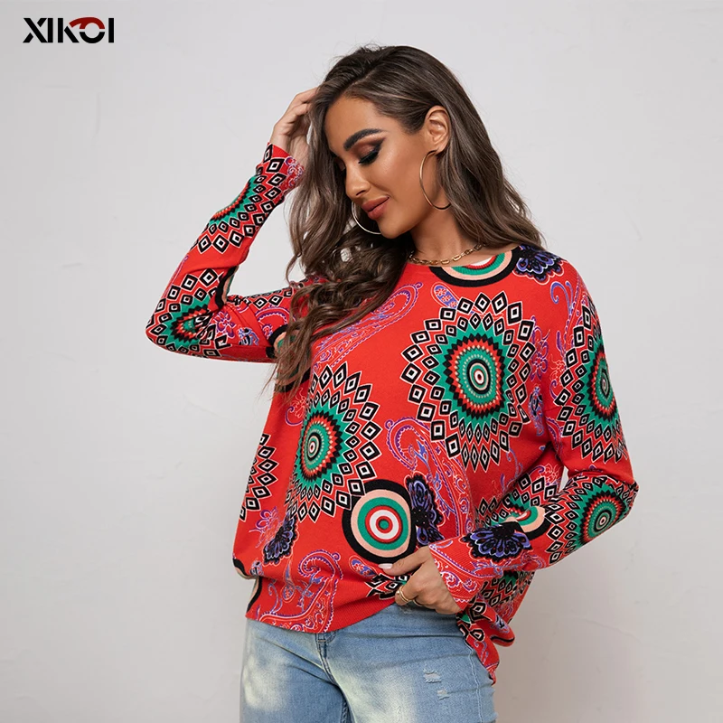 Ladies Autumn Winter Print Knitted Loose Sweater Women Pullover Tops Long Sleeve O Neck Casual Oversized Fashion Streetwear