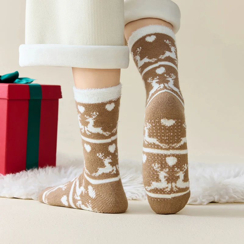 1 пара женских носков, утепленные флисовые домашние теплые средние носки, носки для сна, теплые нескользящие носки-тапочки, зимние носки, рождественские носки