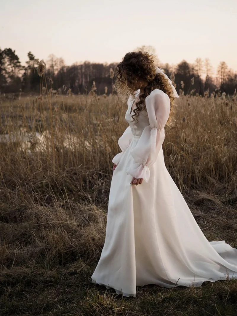 Lsyx-vestido de novia de Organza con cuello en V para mujer, traje de boda bohemio de línea A, manga larga abullonada, longitud hasta el suelo, Playa