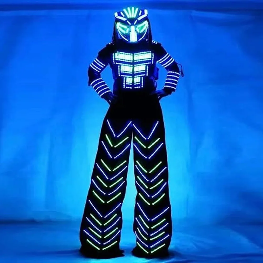 LED Robot Stilts Performer Adult Halloween Costume Light up Party DJ Helmet Mask Outfit Edm Costume Party Accessory