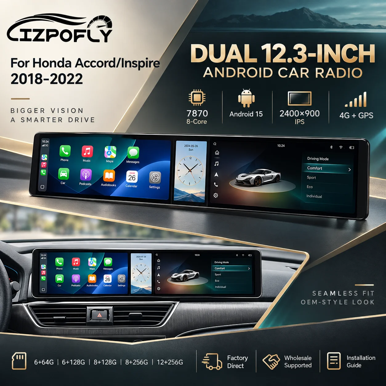 Lizpofly Dual 12.3 Inch Android 15 Car Radio For Honda Accord/Inspire 2018-2022 Wireless CarPlay GPS Navigation 4G