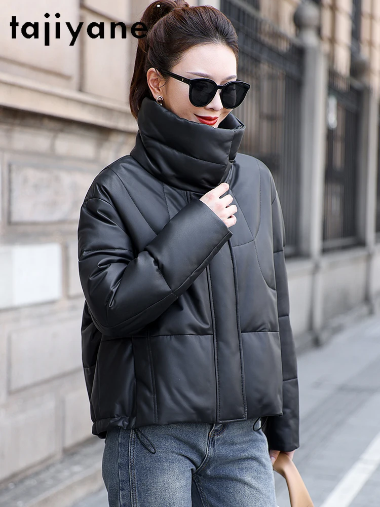 TAJIYANE جلد الغنم الحقيقي أوزة أسفل معطف المرأة أنيق قصير سترة منفوخة قسط حقيقية سترات من الجلد ملابس امرأة 2025 code